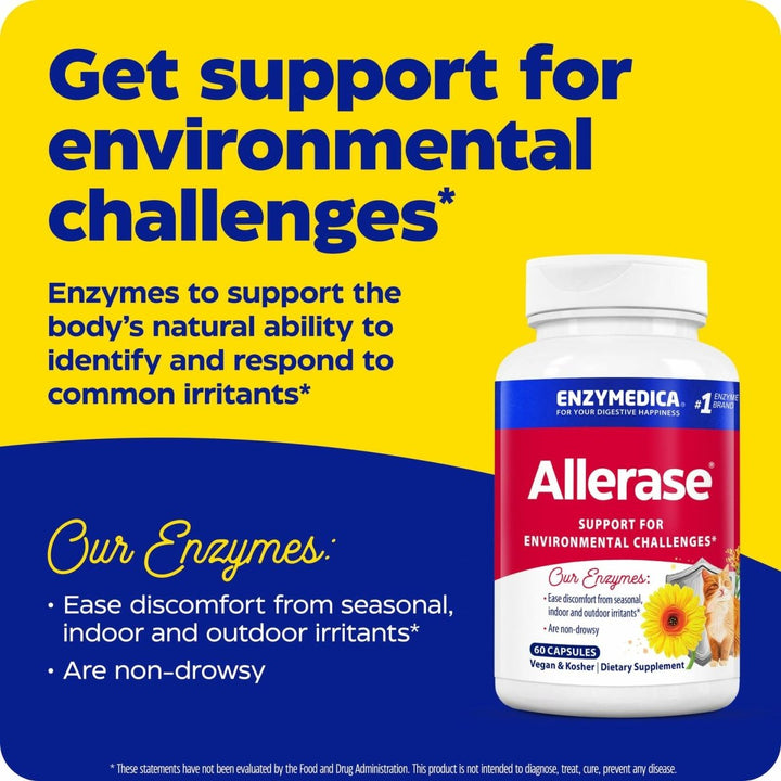 Enzymedica, Allerase, Non - Drowsy Enzyme Supplement to Help Relieve Seasonal Mucus Buildup, 60 Count - The Oasis of Health
