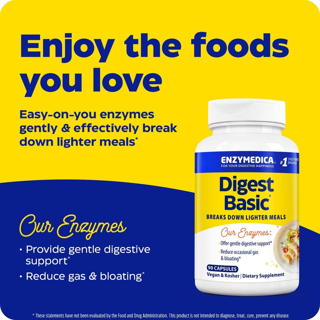 Enzymedica Digest Basic, Digestive Enzymes for Sensitive Stomachs, Offers Fast - Acting Gas & Bloating Relief, 90 Count - The Oasis of Health