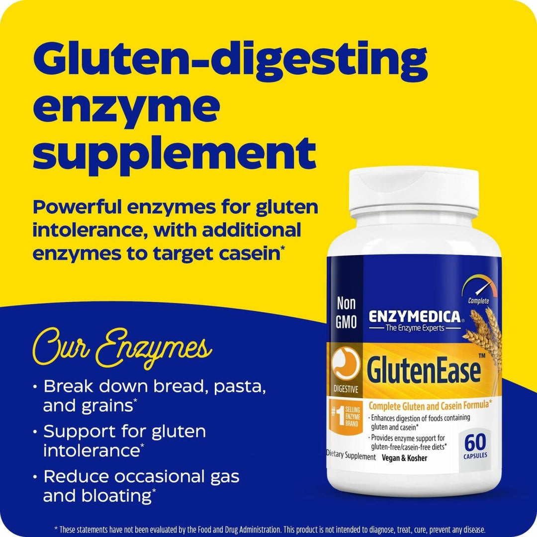 Enzymedica GlutenEase, Digestive Enzymes for Food Intolerance, Offers Fast Acting Gas &amp; Bloating Relief, 60 Count - The Oasis of Health