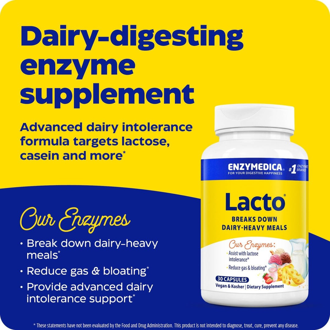 Enzymedica Lacto, Digestive Enzymes for Complete Dairy Digestion, Offers Fast - Acting Gas & Bloating Relief, Standard Packaging, 30 Count - The Oasis of Health