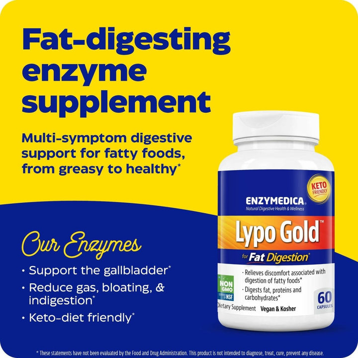 Enzymedica Lypo Gold, Digestive Enzymes for Fat Digestion, Offers Fast Acting Gas & Bloating Relief, 60 Count - The Oasis of Health