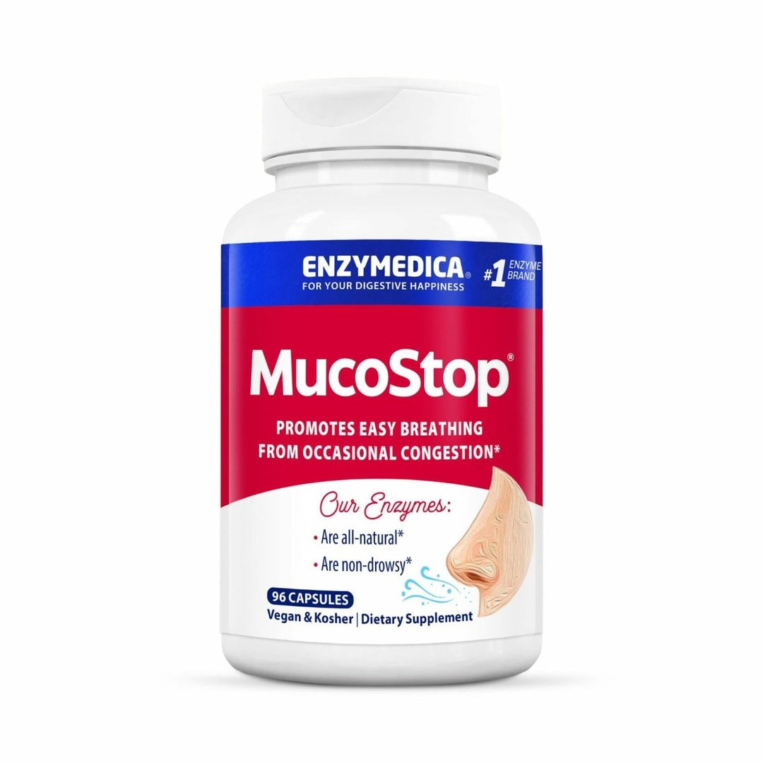 Enzymedica, MucoStop, Natural Enzyme Supplement, Relieves Seasonal or Occasional Congestion, Supports Easy Breathing, 96 Count - The Oasis of Health
