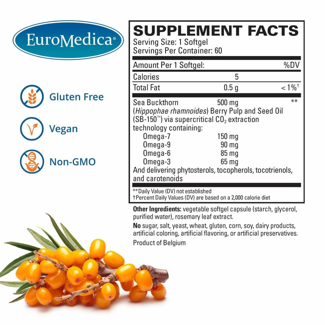 EuroMedica ProHydra - 7 - Skin Health Support Supplement with Omega - 7 Sea Buckthorn Oil - Nutritional Supplement - Essential Fatty Acid Supplement - 60 Softgels (2 Pack) - The Oasis of Health