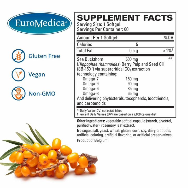 EuroMedica ProHydra - 7 - Skin Health Support Supplement with Omega - 7 Sea Buckthorn Oil - Nutritional Supplement - Essential Fatty Acid Supplement - 60 Softgels (2 Pack) - The Oasis of Health