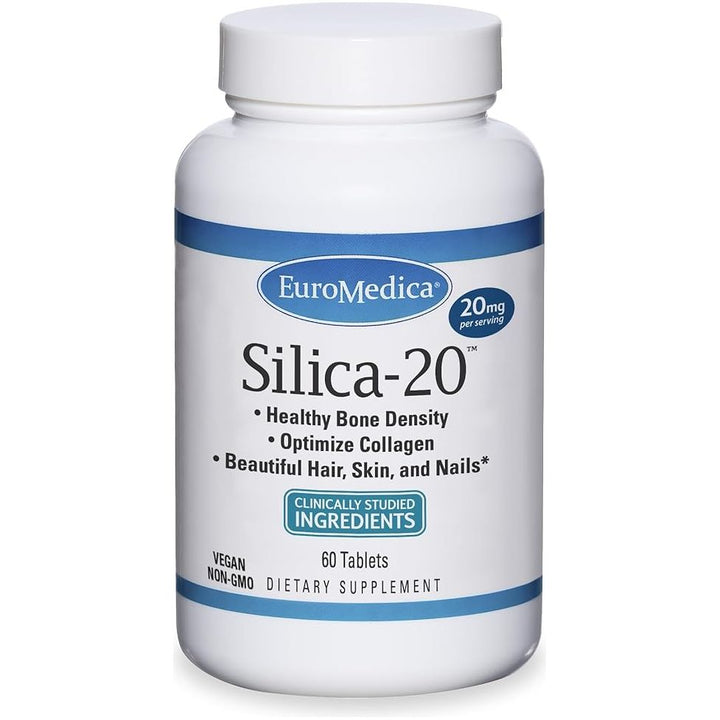 Euromedica Silica - 20, 60 Tablets - Optimize Collagen, Support Healthy Bone Density + Hair, Skin &amp; Nails - Non - GMO, Vegan - 30 Servings - The Oasis of Health