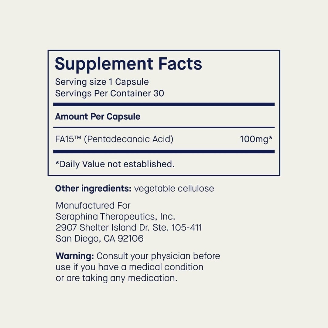 Fatty15 C15:0 Pentadecanoic Acid Supplement The Longevity Nutrient - 180 Vegan Capsules - 3X Cellular Benefits of Fish Oil Omega 3 Supplements - Gut Health, Liver Support, & Mitochondrial Health - The Oasis of Health