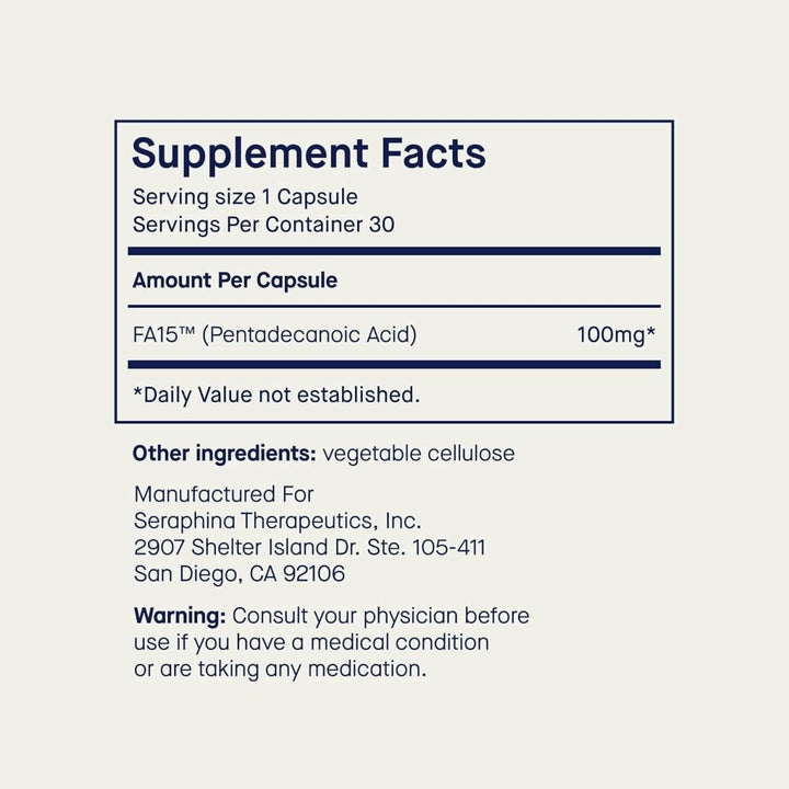 Fatty15 C15:0 Pentadecanoic Acid Supplement The Longevity Nutrient - 180 Vegan Capsules - 3X Cellular Benefits of Fish Oil Omega 3 Supplements - Gut Health, Liver Support, & Mitochondrial Health - The Oasis of Health
