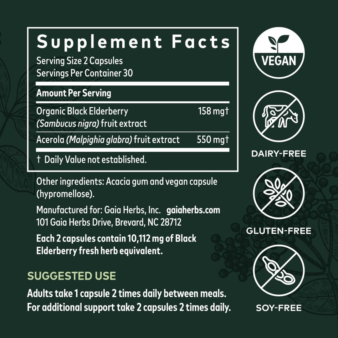 Gaia Herbs Black Elderberry - Daily Immune Support Supplement to Help Maintain Well - Being - with Black Elderberries and Acerola Fruit for Antioxidant Support - 60 Vegan Capsules (30 - Day Supply) - The Oasis of Health