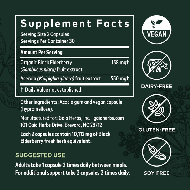 Gaia Herbs Black Elderberry - Daily Immune Support Supplement to Help Maintain Well - Being - with Black Elderberries and Acerola Fruit for Antioxidant Support - 60 Vegan Capsules (30 - Day Supply) - The Oasis of Health
