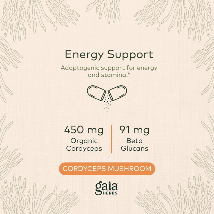 Gaia Herbs - Cordyceps Mushroom Energy Support 450 mg. - 40 Capsules - The Oasis of Health