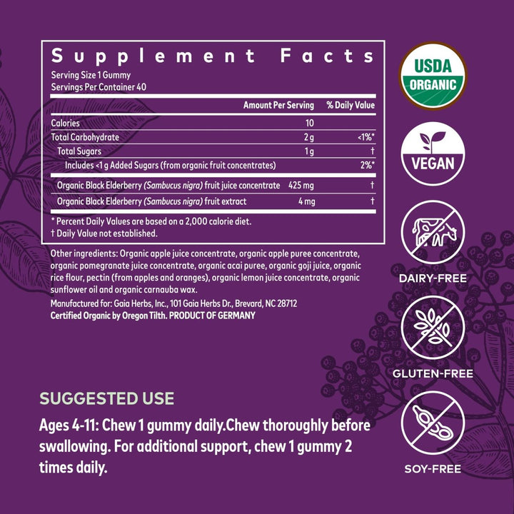 Gaia Herbs GaiaKids Black Elderberry Daily Gummies for Kids - Delicious Immune Support Supplement - Certified Organic Black Elderberries for Immune System Support - 40 Gummies (40 - Day Supply) - The Oasis of Health