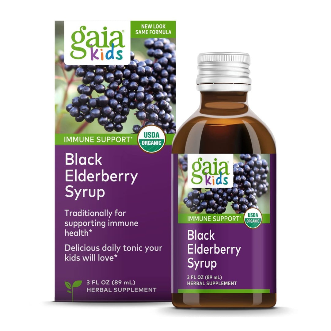 Gaia Herbs GaiaKids Black Elderberry Syrup - Delicious Immune Support Supplement for Kids - with Organic Black Elderberries and Honey - USDA Certified Organic Black Elderberry Syrup - 3 Fluid Ounces - The Oasis of Health