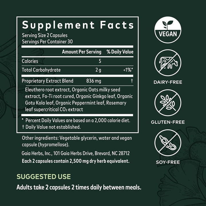 Gaia Herbs Mental Alertness - Brain Support Supplement to Help Maintain Focus & Memory* - with Eleuthero, Ginkgo Leaf, Gotu Kola, Rosemary & Oats - 60 Vegan Liquid Phyto - Capsules (15 - Day Supply) - The Oasis of Health