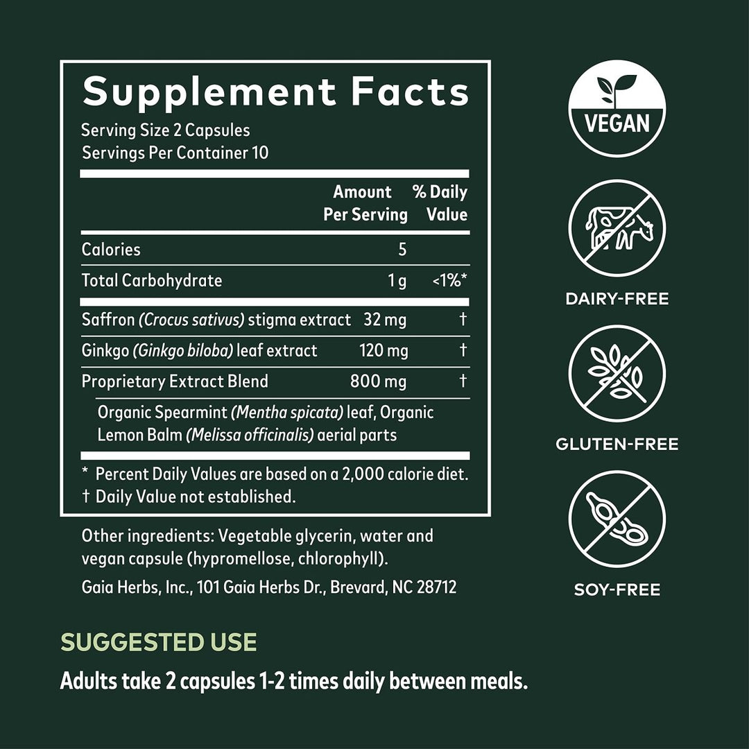 Gaia Herbs Nootropic Focus - Brain & Cognitive Support Supplement to Help Maintain Healthy Concentration* - with Saffron, Lemon Balm & Spearmint - 20 Liquid Phyto - Capsules (Up to 10 - Day Supply) - The Oasis of Health