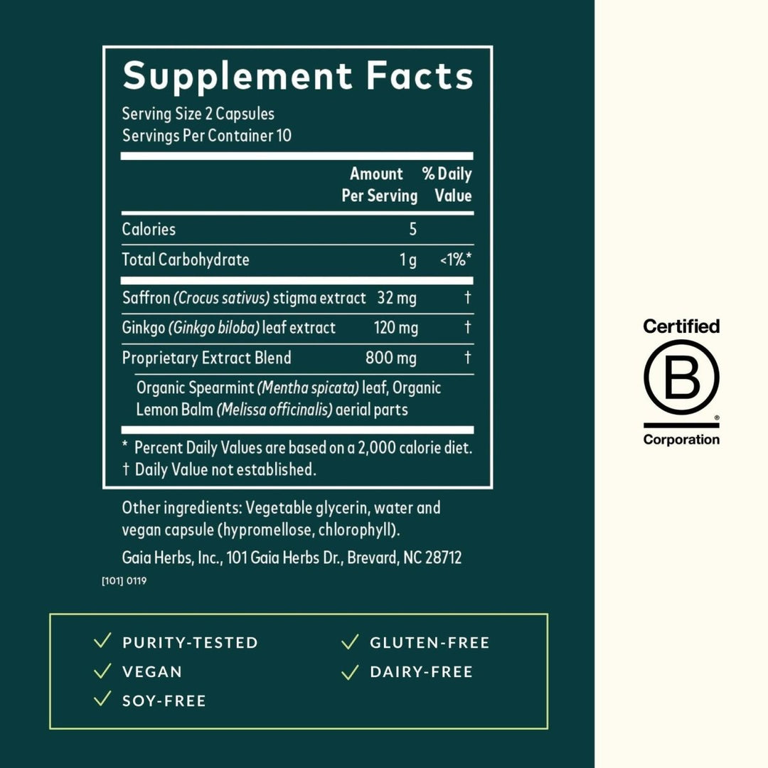 Gaia Herbs Nootropic Focus - Brain & Cognitive Support Supplement to Help Maintain Healthy Concentration* - with Saffron, Lemon Balm & Spearmint - 20 - The Oasis of Health
