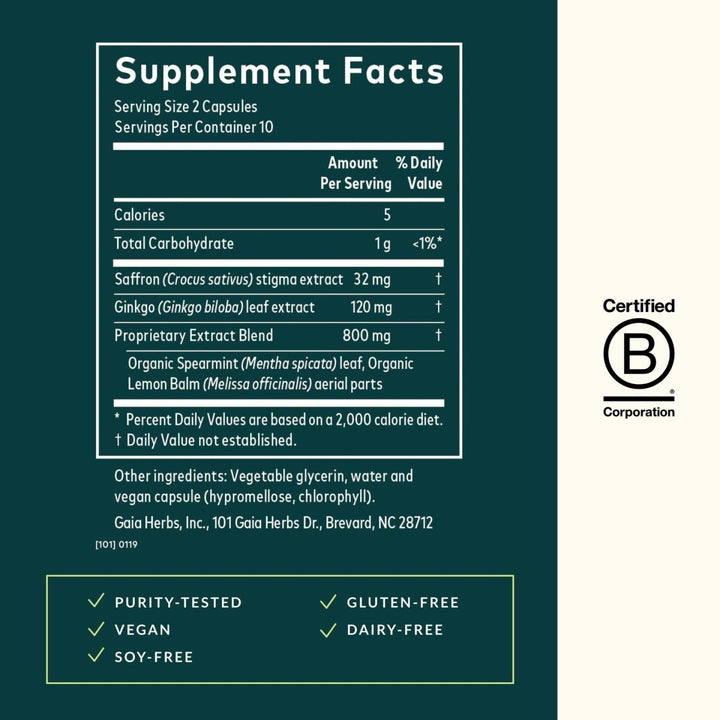 Gaia Herbs Nootropic Focus - Brain & Cognitive Support Supplement to Help Maintain Healthy Concentration* - with Saffron, Lemon Balm & Spearmint - 20 - The Oasis of Health