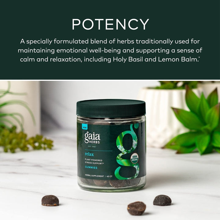 Gaia Herbs Organic Relax Gummies, Stress Relief, Anti - Stress Support, Holy Basil, Lemon Balm, Passionflower, USDA Certified Organic, Non - GMO, Gluten Free, Vegan, 45 Count (Pack of 1) - The Oasis of Health