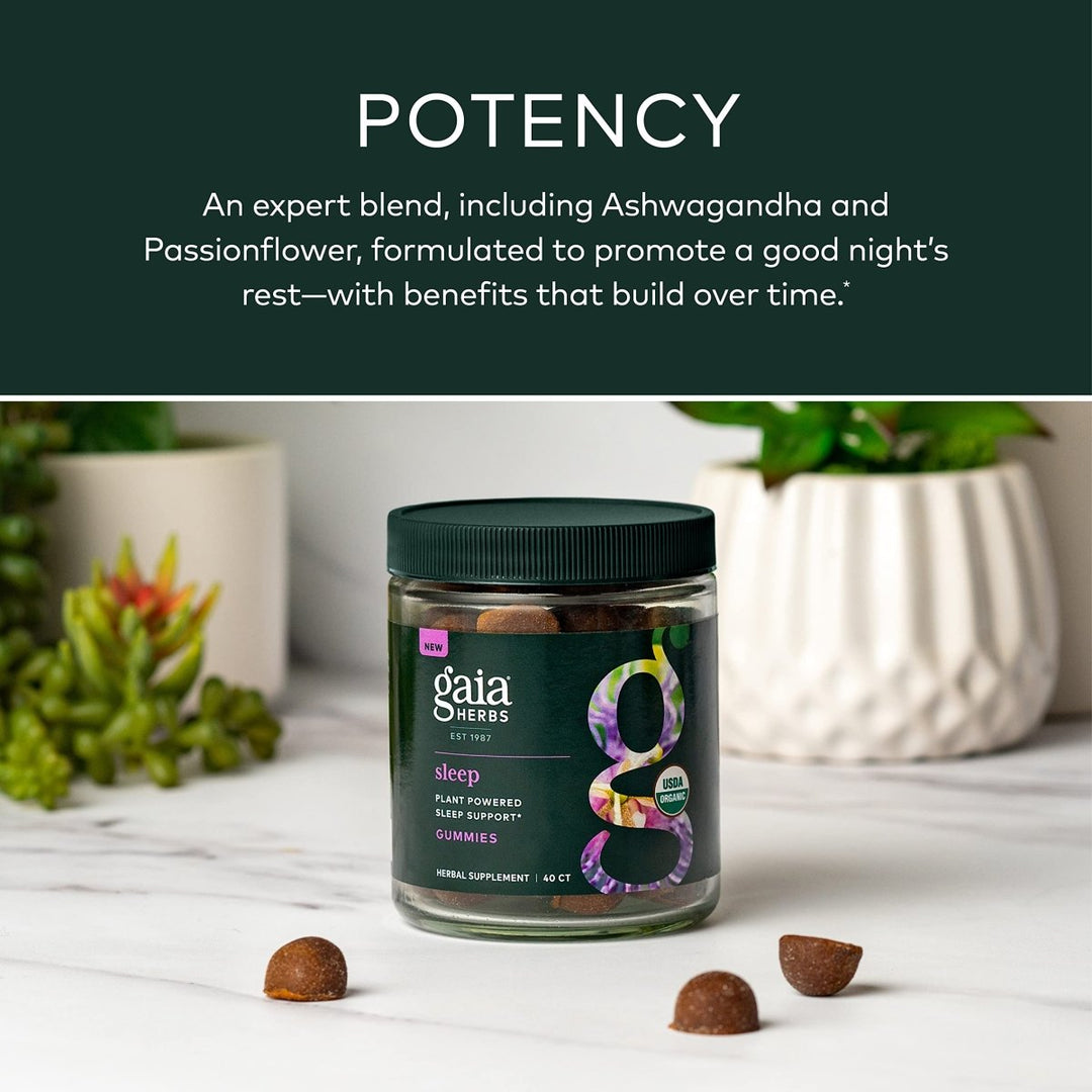 Gaia Herbs Organic Sleep Gummies, Sleep Support, Ashwagandha, Organic Reishi Mushroom, Passionflower, USDA Certified Organic, Non - GMO, Gluten Free, Vegan, 40 Count - The Oasis of Health