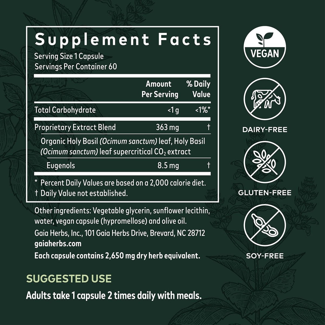 Gaia Herbs Pro Holy Basil Leaf - Stress Support Supplement with Holy Basil - Herbal Supplements to Support a Positive Mindset - 60 Liquid Phyto - Caps - The Oasis of Health