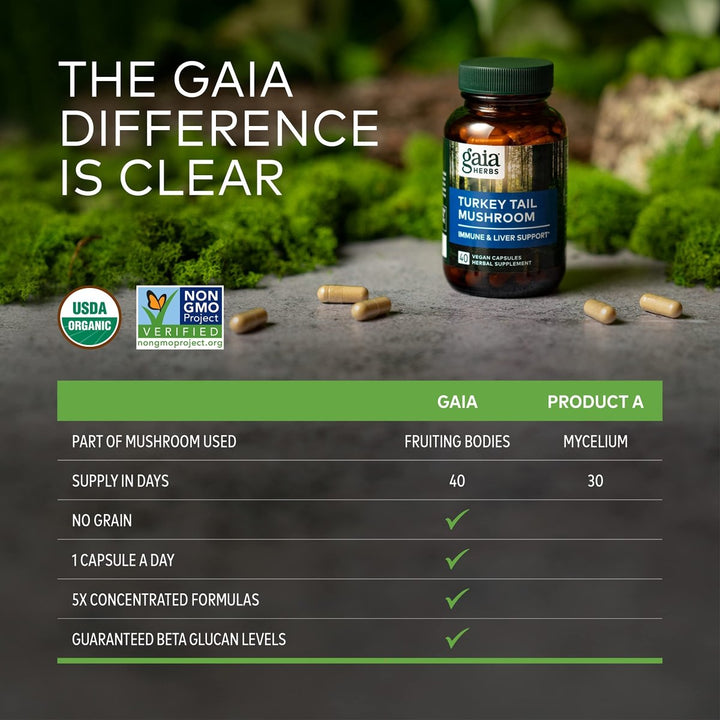 Gaia Herbs Turkey Tail Mushroom - Immune Support Supplement to Help Maintain Liver Health - with Organic Turkey Tail Mushroom Fruiting Body Extract - 40 Vegan Capsules - The Oasis of Health