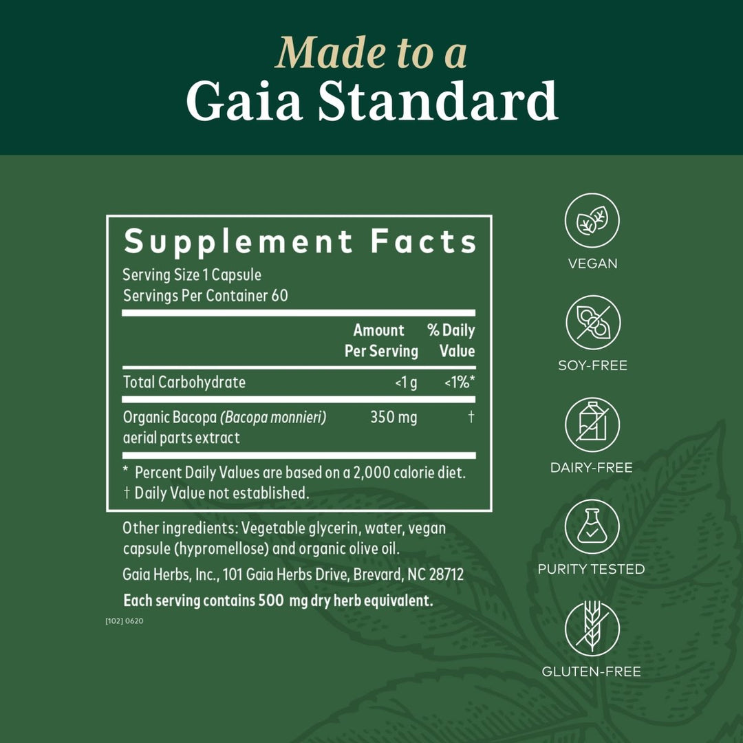 Gaia PRO Bacopa - Herbal Nootropic Working Memory Supplement for Brain Function - with Organic Bacopa - 60 Vegan Liquid Phyto - Capsules (60 Servings) - The Oasis of Health