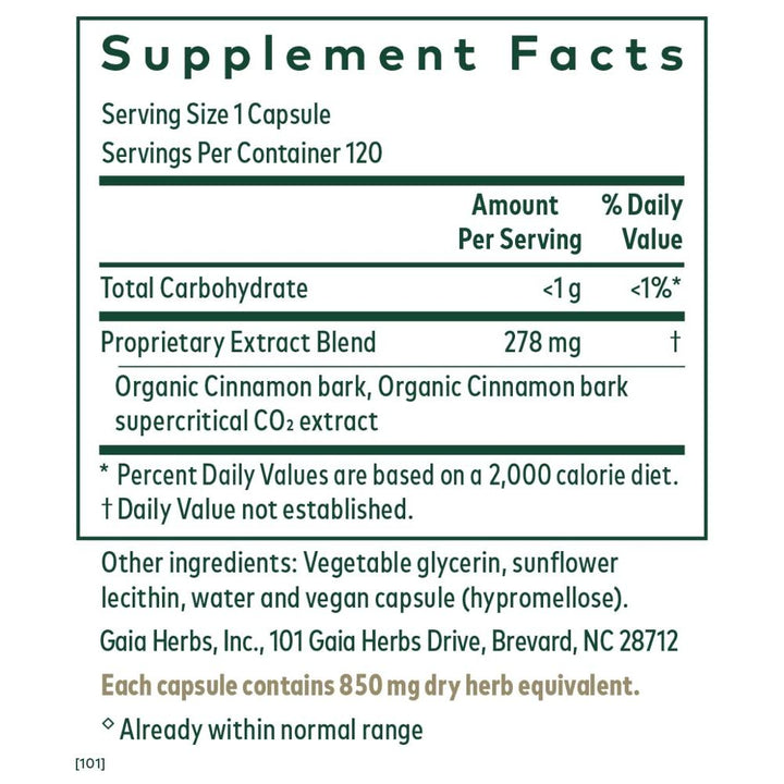 Gaia PRO Cinnamon Bark Glycemic Formula - Promotes Healthy Blood Sugar Levels - 120 Vegan Liquid Phyto - Capsules - The Oasis of Health