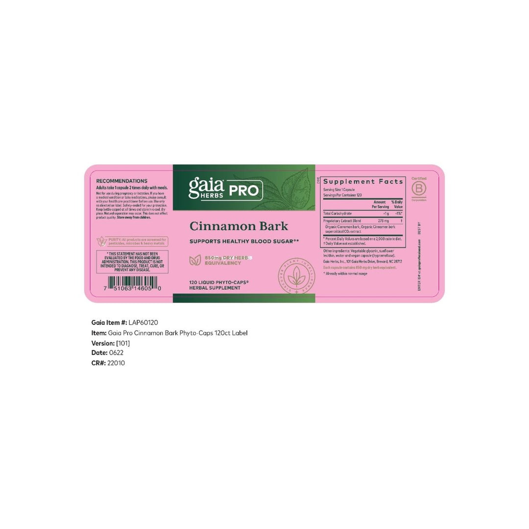 Gaia PRO Cinnamon Bark Glycemic Formula - Promotes Healthy Blood Sugar Levels - 120 Vegan Liquid Phyto - Capsules - The Oasis of Health