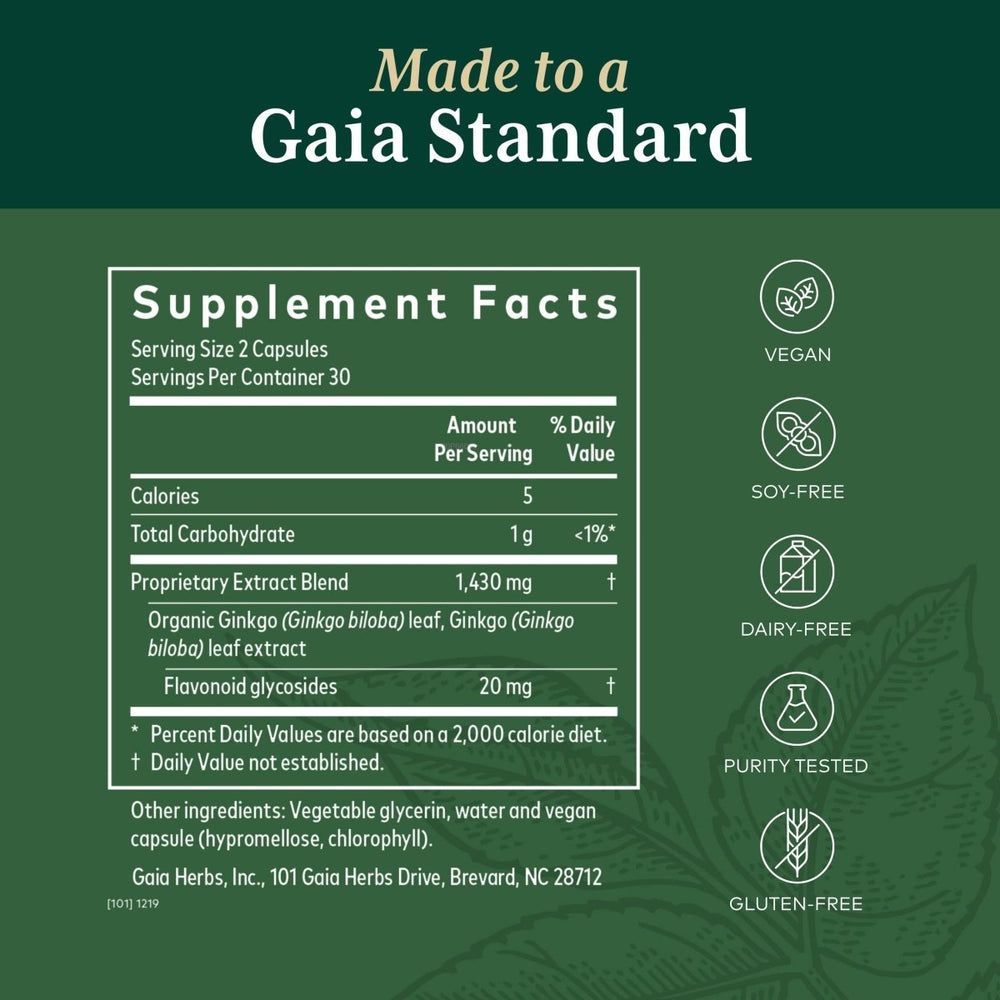 Gaia PRO Ginkgo - Blood Circulation & Brain Supplement - Cognitive Supplement for Brain - with Organic Ginkgo Leaf & Ginkgo Leaf Extract - 60 Vegan Liquid Phyto - Capsules (30 Servings) - The Oasis of Health