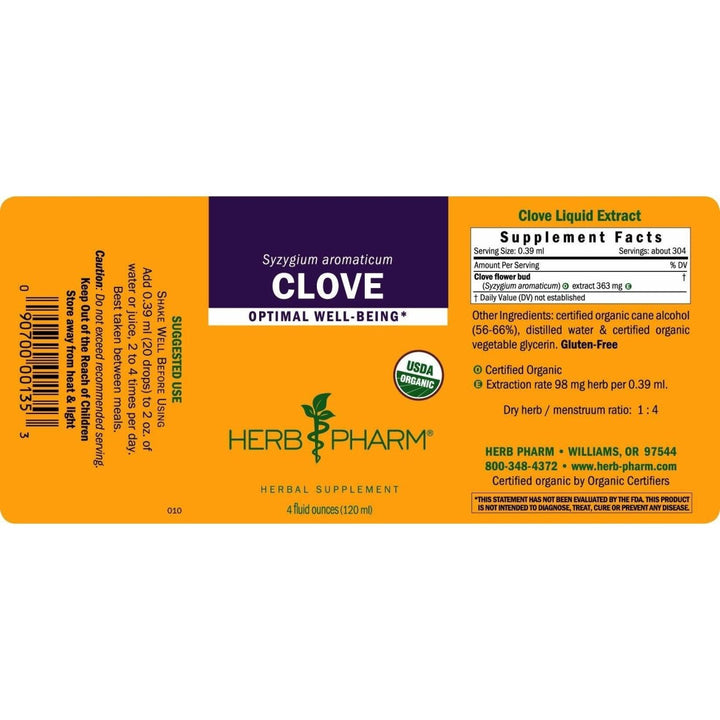 Herb Pharm Certified Organic Clove Liquid Extract - 4 Ounce - The Oasis of Health