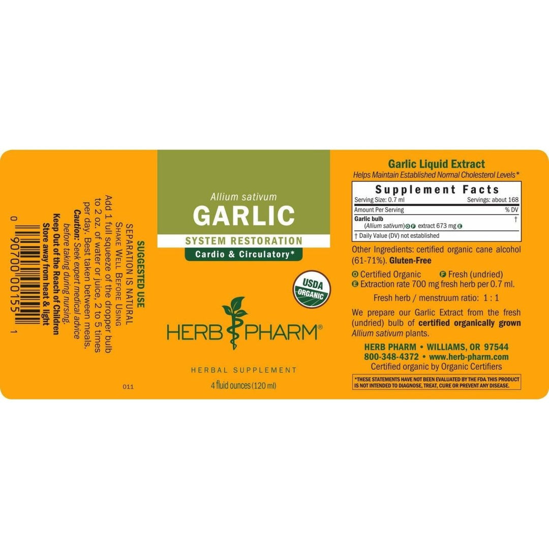Herb Pharm Certified Organic Garlic Liquid Extract for Cardiovascular and Circulatory Support - 4 Ounce - The Oasis of Health