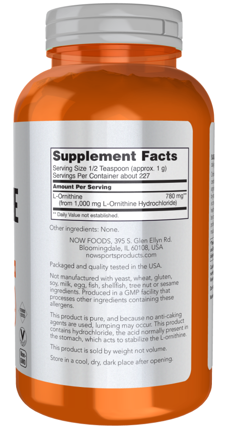 NOW Foods Sports L-Ornithine - 8 oz - Supplement Facts panel