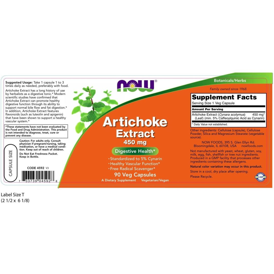 Now Foods Artichoke Extract 450 mg - 90 Vcaps - Supplement Facts panel