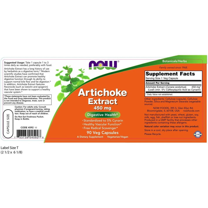 Now Foods Artichoke Extract 450 mg - 90 Vcaps - Supplement Facts panel