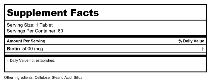 KAL Biotin 5000 TR Tablets, 5000 mcg, 60 Count - Supplement Facts panel