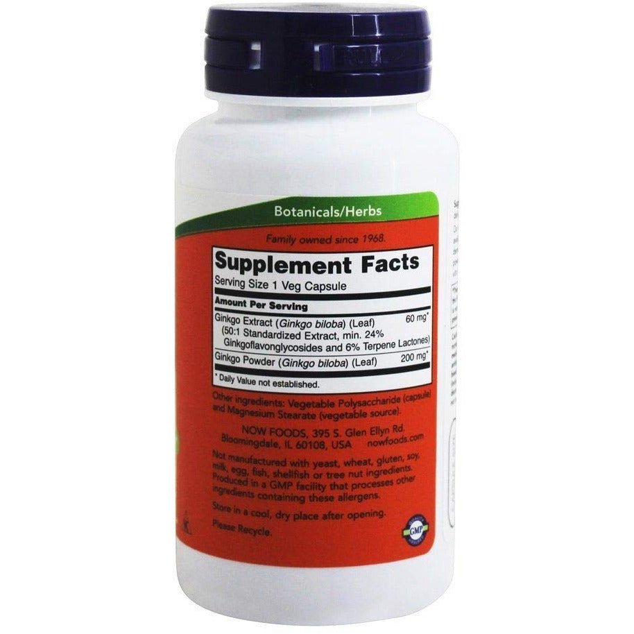 Ginkgo Biloba 60mg 24% Extract Now Foods 60 Caps - Supplement Facts panel