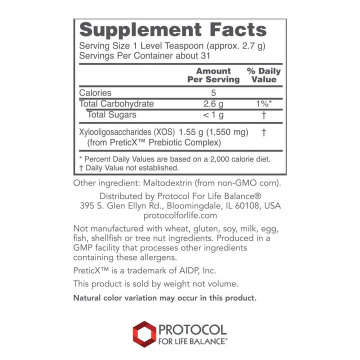 PROTOCOL FOR LIFE BALANCE - Prebiotic Powder XOS - Helps GI Tract, Help Nourish Intestinal Flora - 3 Ounces Powder - Supplement Facts panel