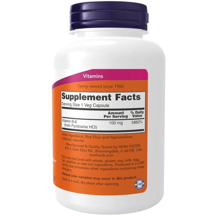 NOW Supplements, Vitamin B-6 (Pyridoxine HCl) 100 mg, Cardiovascular Health*, 250 Veg Capsules - Supplement Facts panel