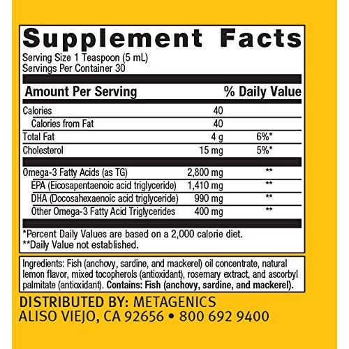 Metagenics OmegaGenics EPA DHA 2400 Liquid Omega 3 Fish Oil Daily Supplement to Help Support Cardiovascular Health and Immune Function - Lemon Flavor, 5 fl oz, 30 Servings - Supplement Facts panel