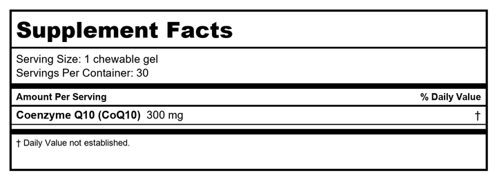 Metagenics NutraGems CoQ10 300 30 Chewable Gels - Natural Fruit Flavor - Supplement Facts panel