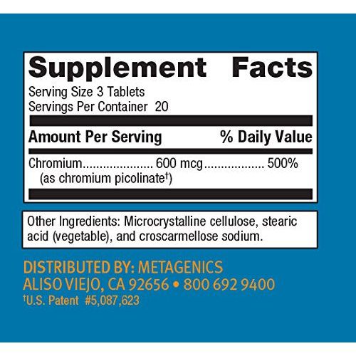 Metagenics Chromium Picolinate - 60 Count - Supplement Facts panel