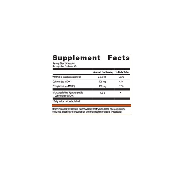 Metagenics Bone Builder Forte Capsules with Calcium, Phosphorus and Vitamin D 2000 IU to Help Maintain Healthy Bone Density - 45 Servings - Supplement Facts panel