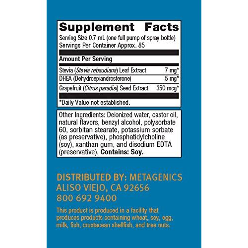 Metagenics BioSom Liquid DHEA Spray, Liposomal DHEA 5mg Per Spray, Helps Support Healthy Adrenal Function - 2 fl oz, 85 Servings - Supplement Facts panel