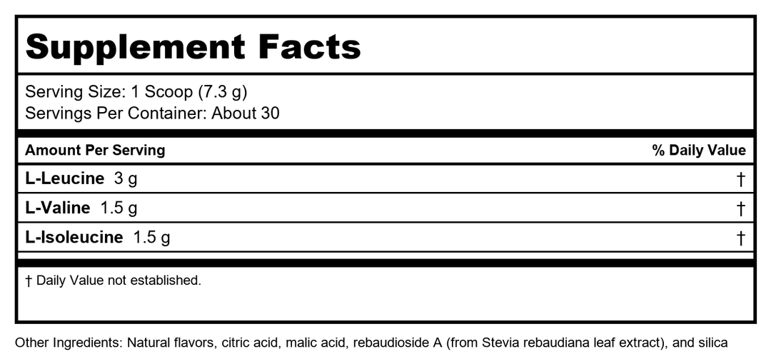 Metagenics BCAAs Powder 7.72 oz (219 g), Orange Mango Flavor, 30 Servings - Non-GMO, Gluten Free, Vegetarian - Supplement Facts panel