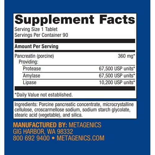 Metagenics SpectraZyme™ Pan 9X - Bioactive Pancreatic Enzymes for Digestive Support - 90 Servings - Supplement Facts panel