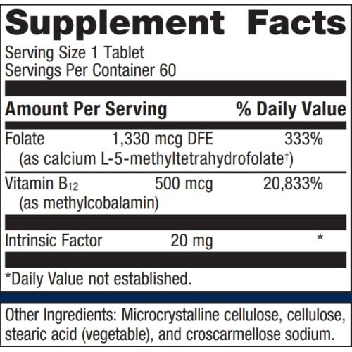 Metagenics Intrinsi-B12 Folate? ? Healthy Nervous System Function &amp; Cardiovascular Health* | 60 Servings - Supplement Facts panel