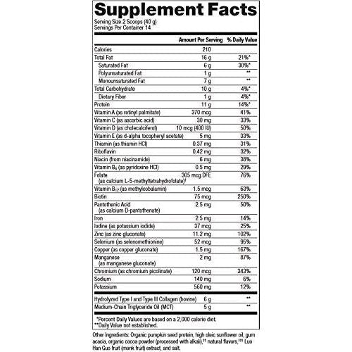 Metagenics Ketogenic Featuring MCT, Pumpkin Seed Protein, and Gum Acacia ? Chocolate, 14 Servings - Supplement Facts panel