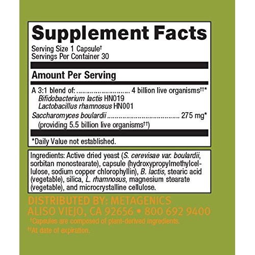 Metagenics UltraFlora Acute Care Daily Probiotic - 30 Capsules - Supplement Facts panel