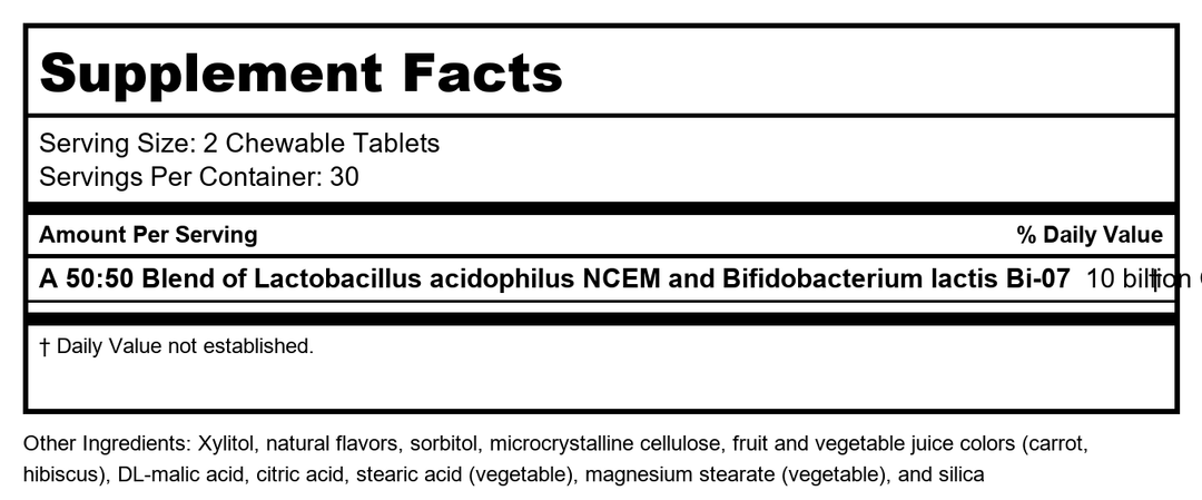 Metagenics MetaKids? Probiotic, Chewable Daily Probiotic Support*, 60 Count - Supplement Facts panel