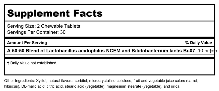 Metagenics MetaKids? Probiotic, Chewable Daily Probiotic Support*, 60 Count - Supplement Facts panel
