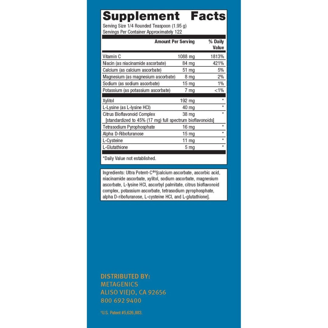 Metagenics Ultra Potent-C Powder - 8.39 oz Vitamin C Supplement - Supplement Facts panel